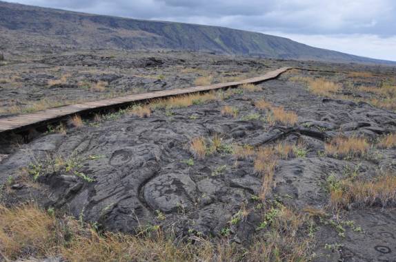 Trilha de acesso ao campo de lavas onde estão as antigas pictografias havaianas, perto de Volcano, na Big Island, no Havaí